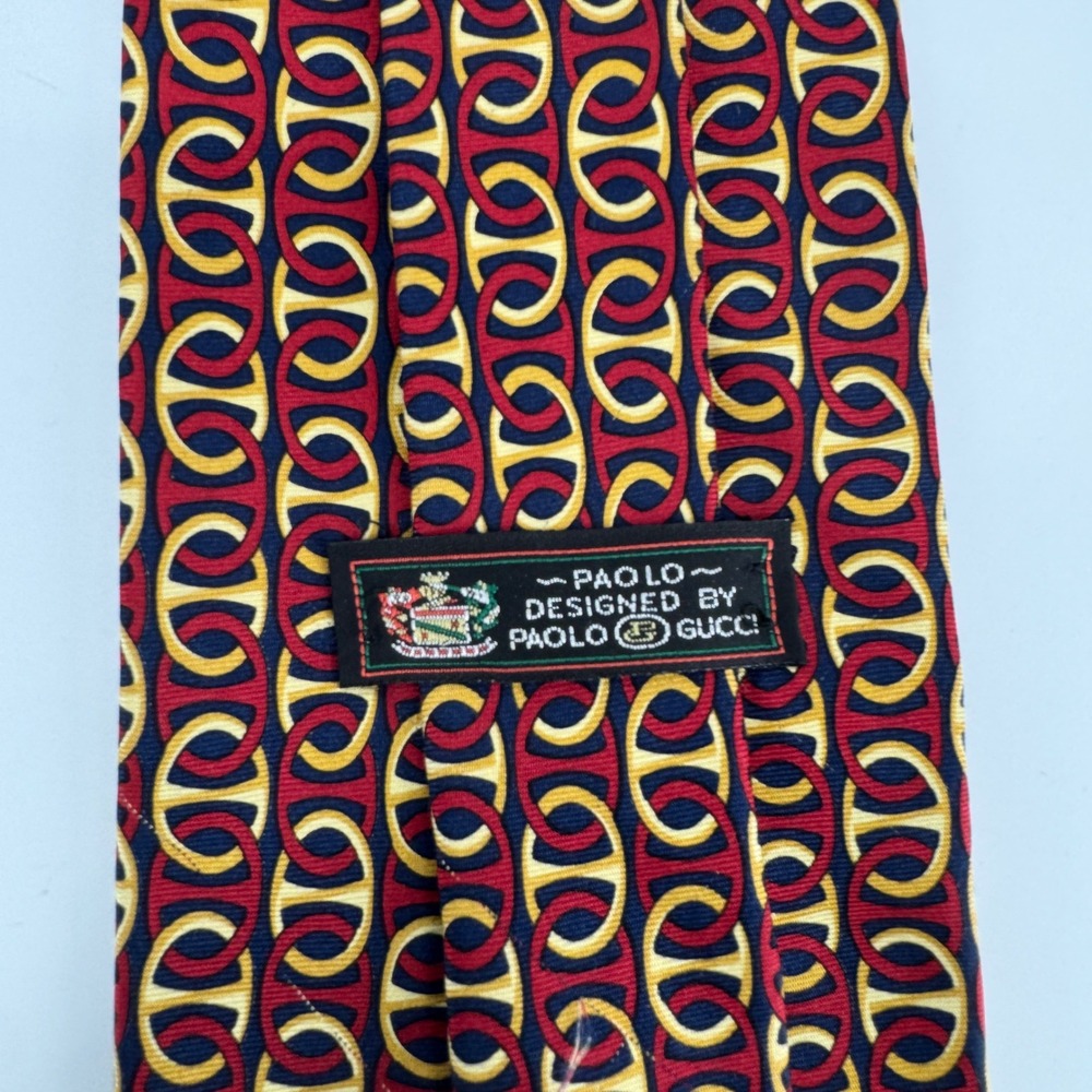 VTG Paolo Gucci Silk Tie Red Gold Navy Blue Geometric Chain Link Italy